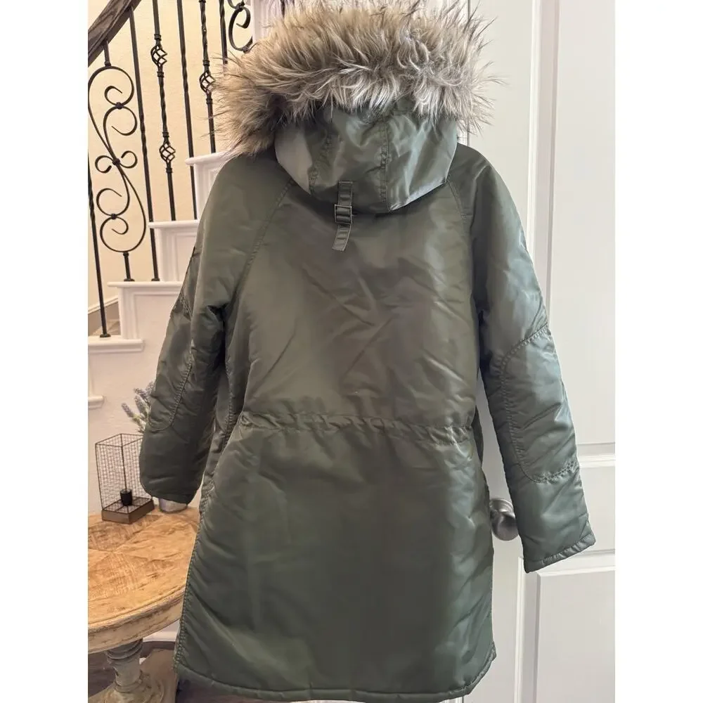 Women’s Small American Eagle Olive Green Winter Coat Parka Long Jacket Fur Hood - Picture 2 of 7